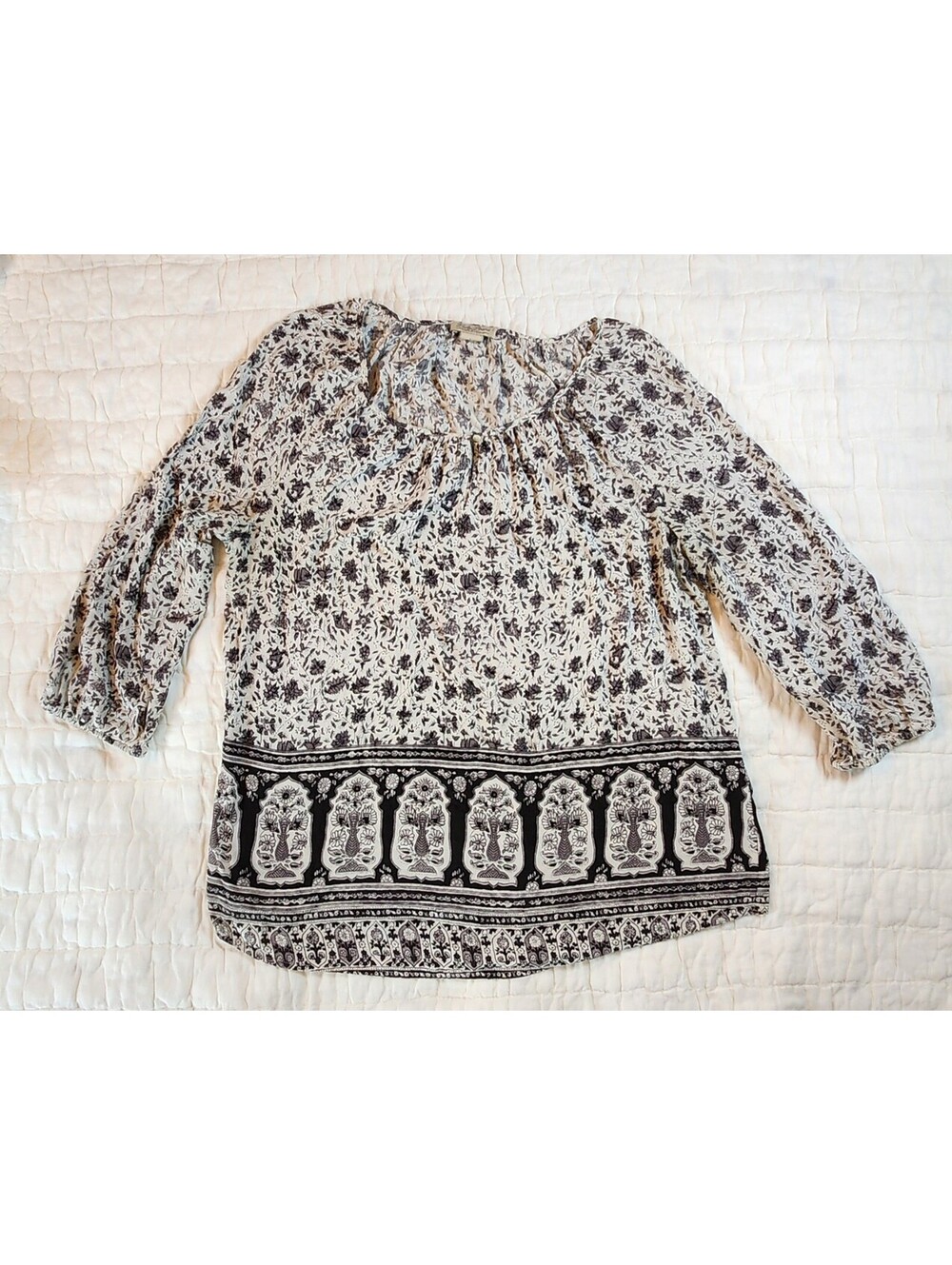 Lucky Brand Black & White Floral Borber Print Peasant Blouse
